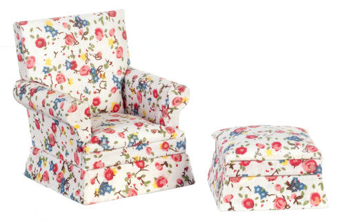 Traditional Floral Chair and Ottoman Set - mahogany with pink, green, white, green and blue